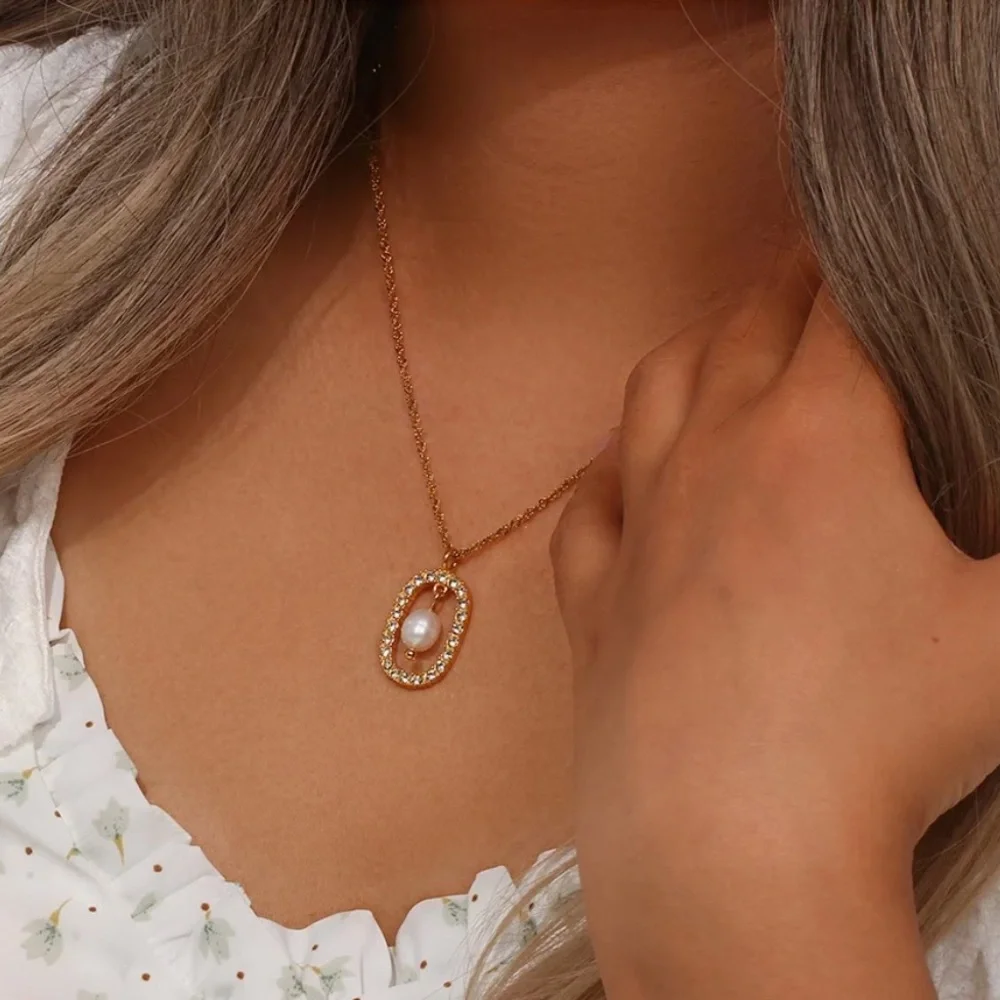 New 18K Fresh Water Pearl Oval Pendant Necklace, nice Necklace, cute Necklace - Picture 2 of 5